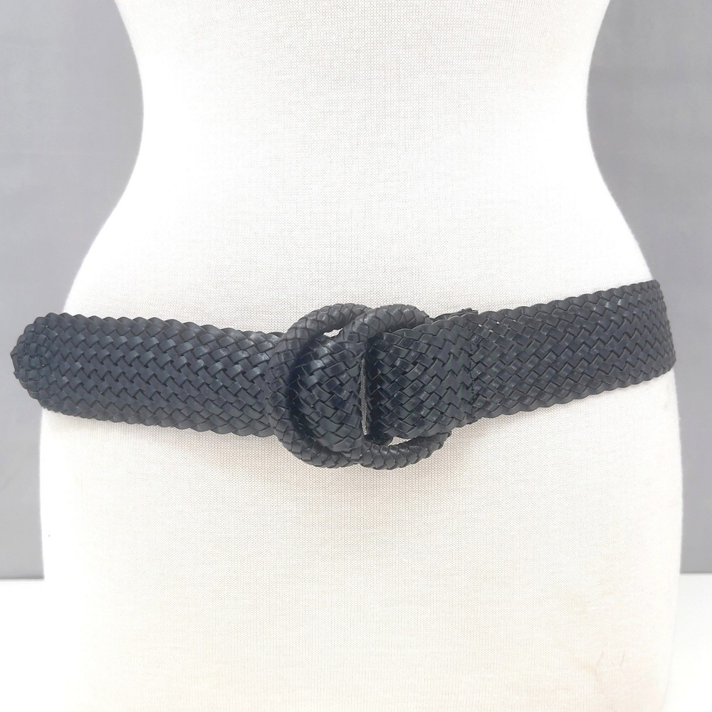 Women's Black Woven Braided Faux Leather Wide Belt Minimalist Boho M / L 41"